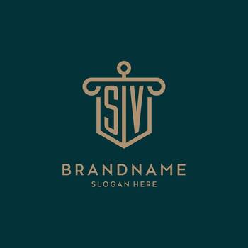 SV monogram initial logo design with shield and pillar shape style vector