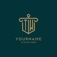 TW monogram initial logo design with shield and pillar shape style vector