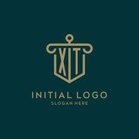 XT monogram initial logo design with shield and pillar shape style vector