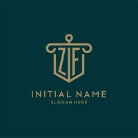 ZF monogram initial logo design with shield and pillar shape style vector