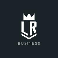 LR logo with shield and crown, initial monogram logo design vector