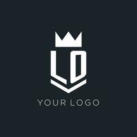 LO logo with shield and crown, initial monogram logo design vector