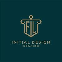 FL monogram initial logo design with shield and pillar shape style vector