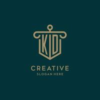 KD monogram initial logo design with shield and pillar shape style vector