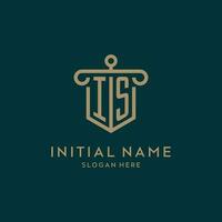 IS monogram initial logo design with shield and pillar shape style vector