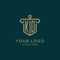 KO monogram initial logo design with shield and pillar shape style vector