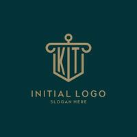 KT monogram initial logo design with shield and pillar shape style vector