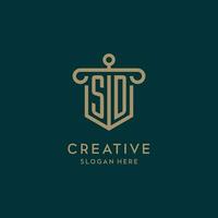 SD monogram initial logo design with shield and pillar shape style vector