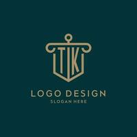 TK monogram initial logo design with shield and pillar shape style vector