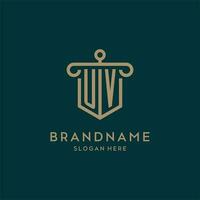 UV monogram initial logo design with shield and pillar shape style vector