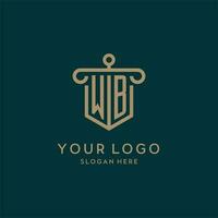 WB monogram initial logo design with shield and pillar shape style vector