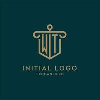 WT monogram initial logo design with shield and pillar shape style vector