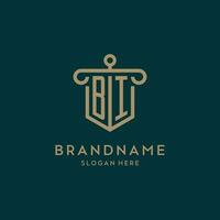 BI monogram initial logo design with shield and pillar shape style vector