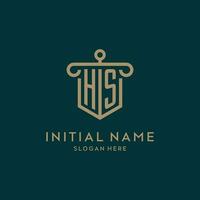 HS monogram initial logo design with shield and pillar shape style vector