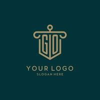GO monogram initial logo design with shield and pillar shape style vector