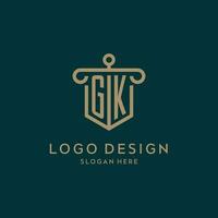 GK monogram initial logo design with shield and pillar shape style vector