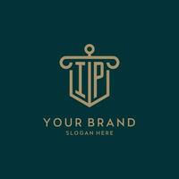 IP monogram initial logo design with shield and pillar shape style vector