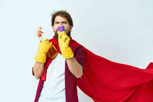Man with detergent red raincoat housework service delivery lifestyle photo
