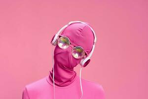 retrato de un hombre vistiendo un rosado cara completa incógnito máscara con auriculares y brillante redondo Gafas de sol en un rosado antecedentes. conceptual Arte fotografía total rosado foto