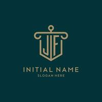 JF monogram initial logo design with shield and pillar shape style vector