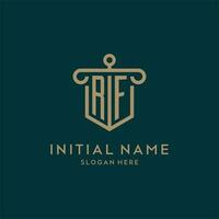 RF monogram initial logo design with shield and pillar shape style vector