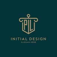PL monogram initial logo design with shield and pillar shape style vector