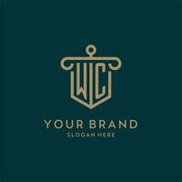 WC monogram initial logo design with shield and pillar shape style vector