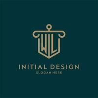 WL monogram initial logo design with shield and pillar shape style vector