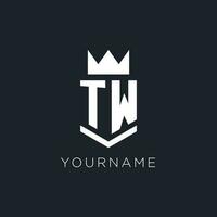 TW logo with shield and crown, initial monogram logo design vector