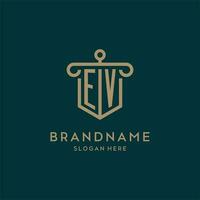 EV monogram initial logo design with shield and pillar shape style vector