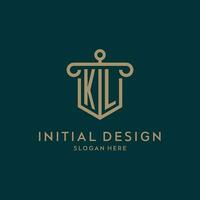 KL monogram initial logo design with shield and pillar shape style vector