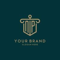 NP monogram initial logo design with shield and pillar shape style vector