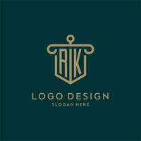 RK monogram initial logo design with shield and pillar shape style vector