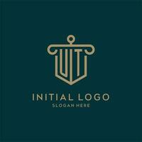 UT monogram initial logo design with shield and pillar shape style vector