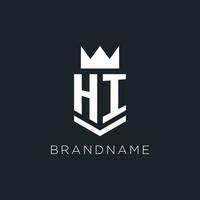 HI logo with shield and crown, initial monogram logo design vector