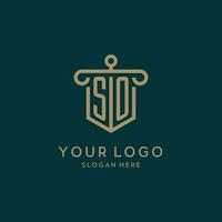 SO monogram initial logo design with shield and pillar shape style vector