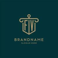 FV monogram initial logo design with shield and pillar shape style vector
