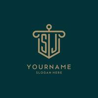 SJ monogram initial logo design with shield and pillar shape style vector