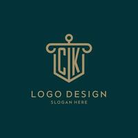 CK monogram initial logo design with shield and pillar shape style vector