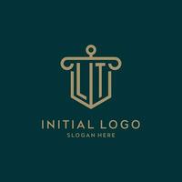 LT monogram initial logo design with shield and pillar shape style vector