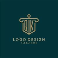 QK monogram initial logo design with shield and pillar shape style vector