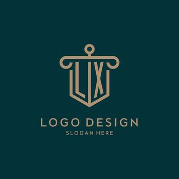 LX monogram initial logo design with shield and pillar shape style vector