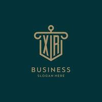 XR monogram initial logo design with shield and pillar shape style vector