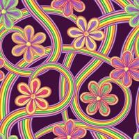 Pattern with fantasy chamomile flower, striped psychedelic waves, swirls. Bright neon fluorescent colors Good for apparel, fabric, textile, surface design. 1960s style retro background. vector