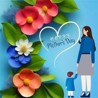 Illustration of mother with her little child, flower in the background. Concept of mothers day, mothers love, relationships between mother and child. Created with technology vector