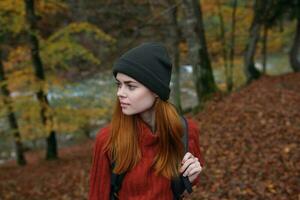 energético mujer turista con un mochila en un rojo suéter y tapas son descansando en el otoño bosque en el parque foto