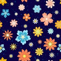 Stylish retro pattern with various daisies and fantasy flowers, texture dots. Fancy feminine editable seamless background for prints. Swatch without texture available in the file vector