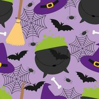 Vector seamless pattern for Halloween with witch brew in cauldrons, witch hats, broomsticks, spiders, web, bats and bones in cartoon style