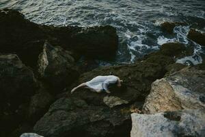 Barefoot woman lying on rocky coast with cracks on rocky surface unaltered photo