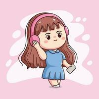 linda contento niña con auricular escuchando música kawaii chibi plano contorno dibujos animados personaje vector